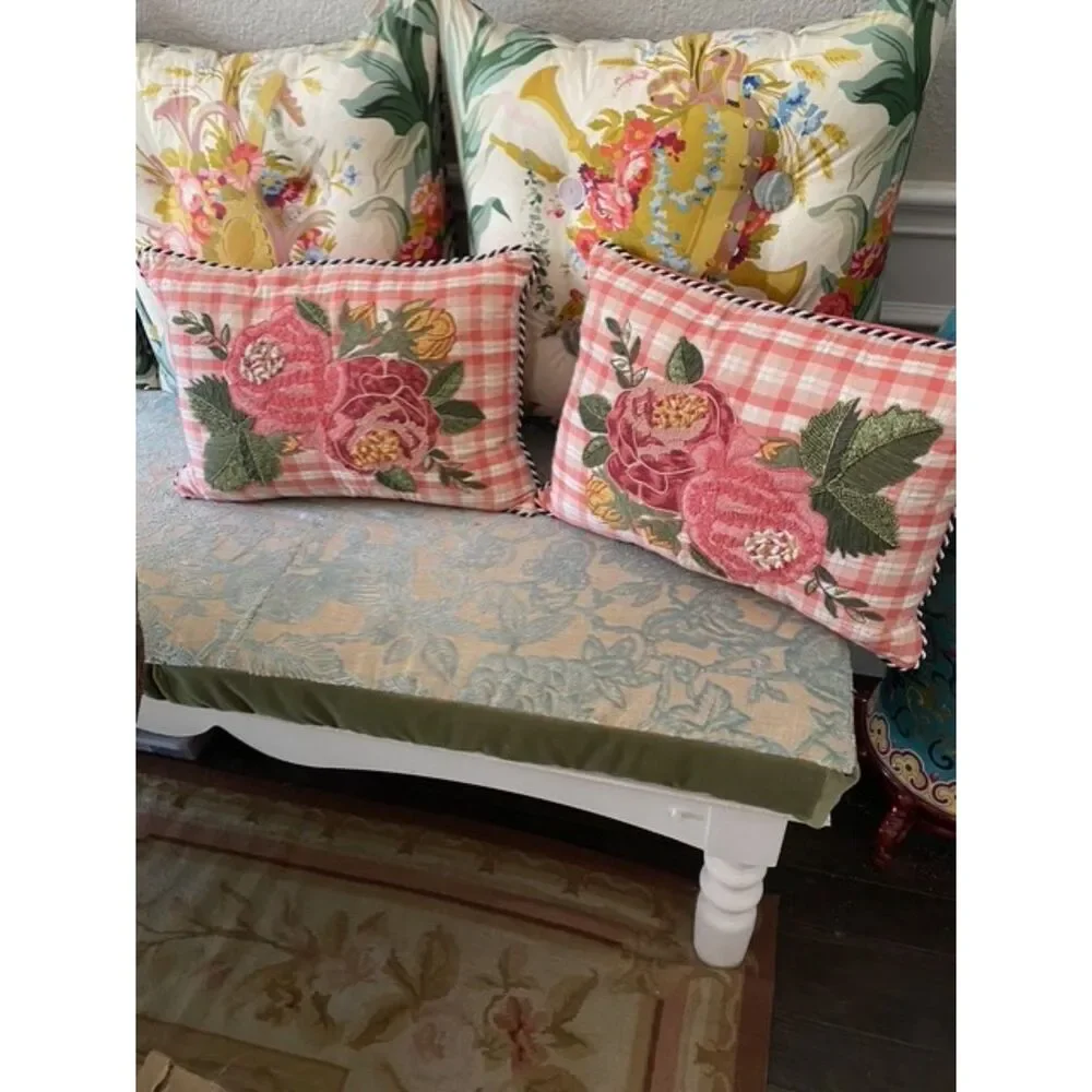 EUC MacKenzie Childs Embroidered Tattersall Rose Lumbar Throw Pillow Set